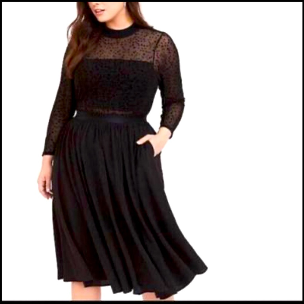 Black Mesh Flocked Star Mock Neck Midi Dress